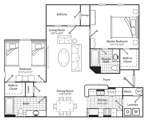 Floor plan for 2 beds, 2 baths, 1175 sqft